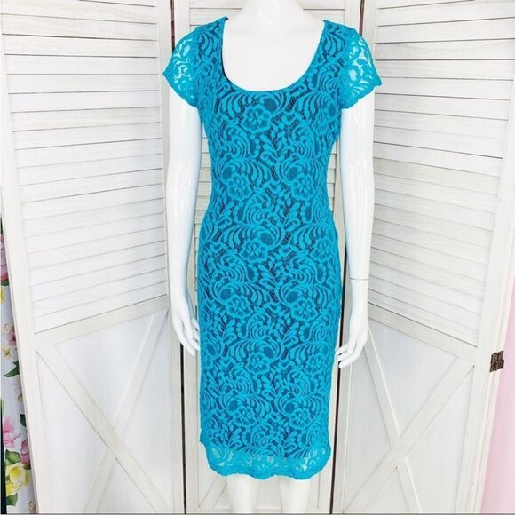 Eva Mendes New York & Co. Lace Sheath Bodycon Dress Teal Black 2 Cap Sleeve - Picture 1 of 11